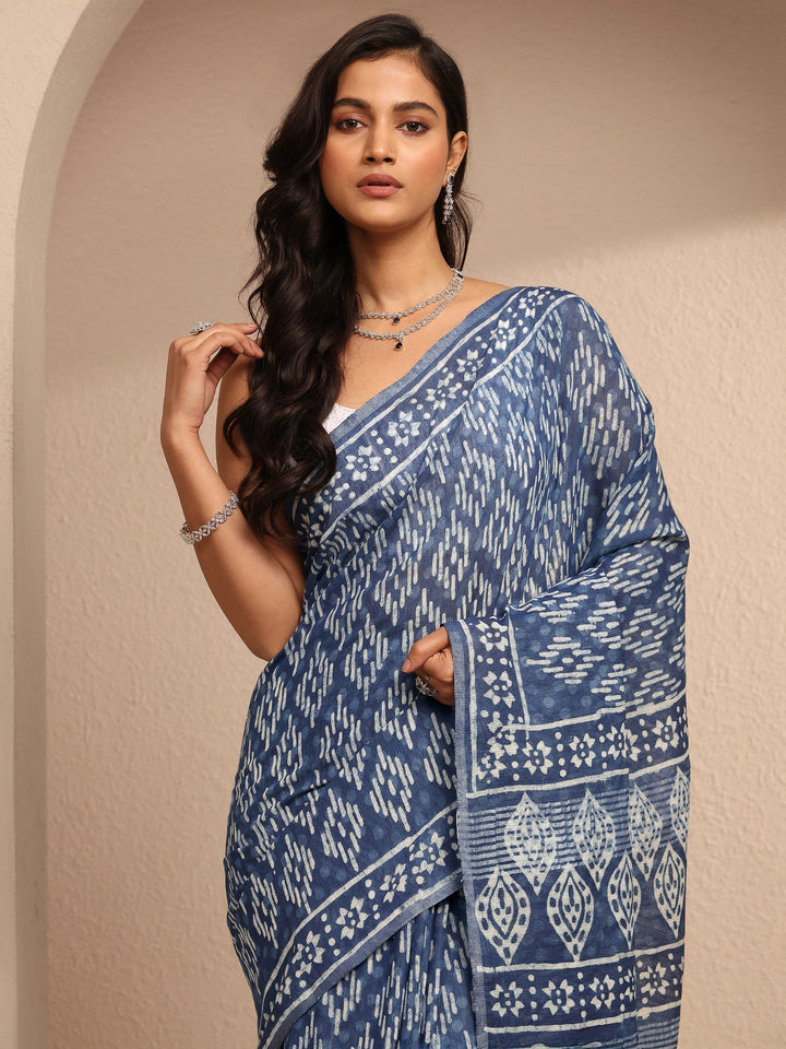 Blue Ikat Printed Cotton Saree With Unstitched Blouse Piece