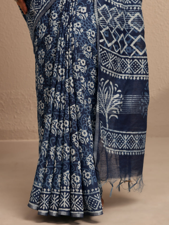 Blue Printed Cotton Saree With Unstitched Blouse Piece