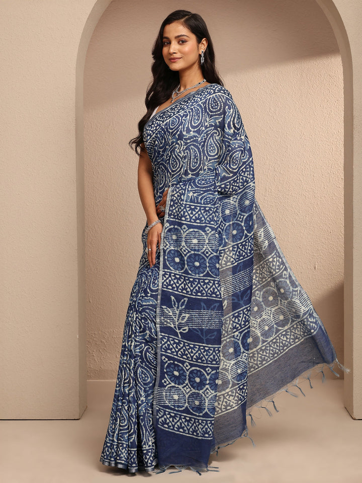 Blue Paisley Printed Cotton Saree With Unstitched Blouse Piece