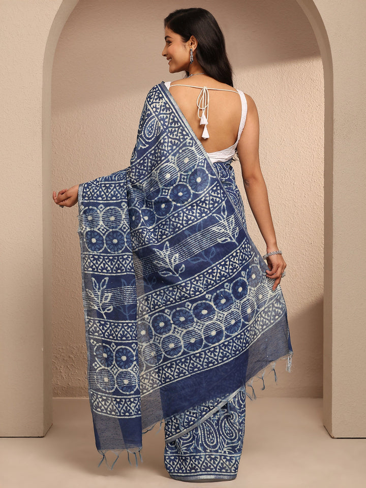 Blue Paisley Printed Cotton Saree With Unstitched Blouse Piece