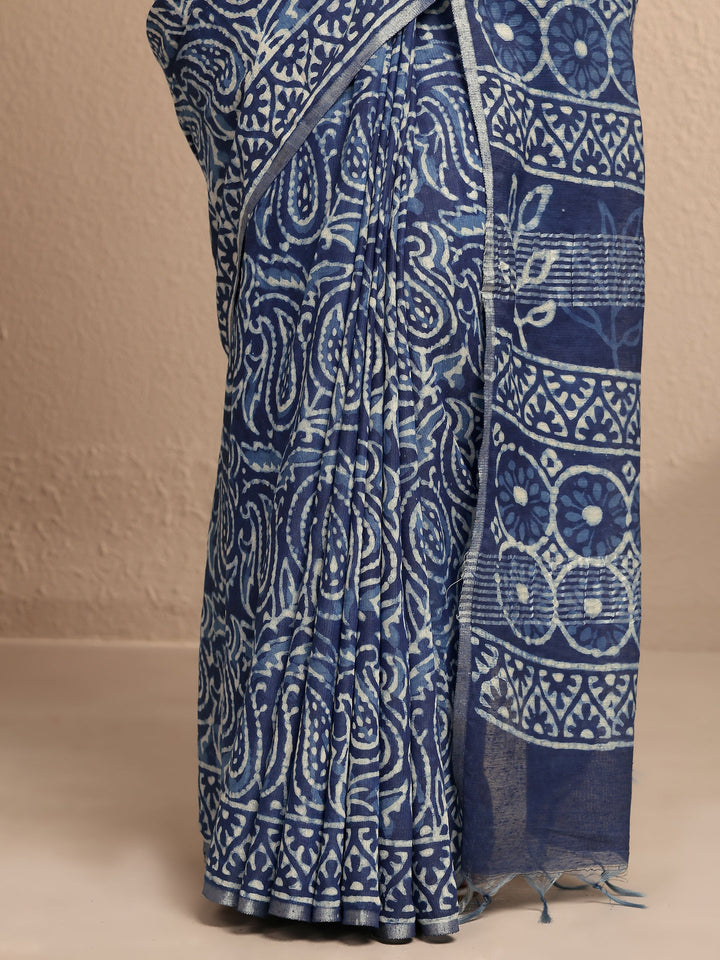 Blue Paisley Printed Cotton Saree With Unstitched Blouse Piece