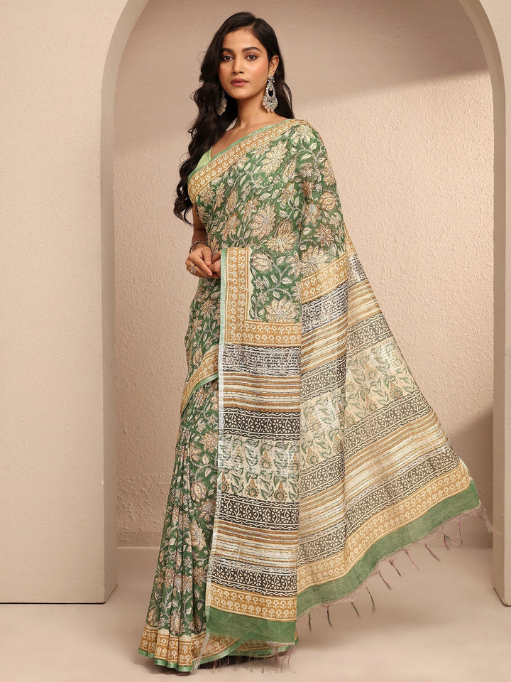 Green Printed Cotton Saree With Unstitched Blouse Piece