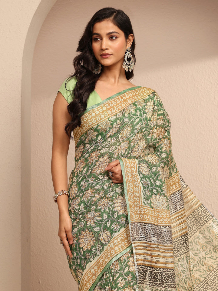 Green Printed Cotton Saree With Unstitched Blouse Piece
