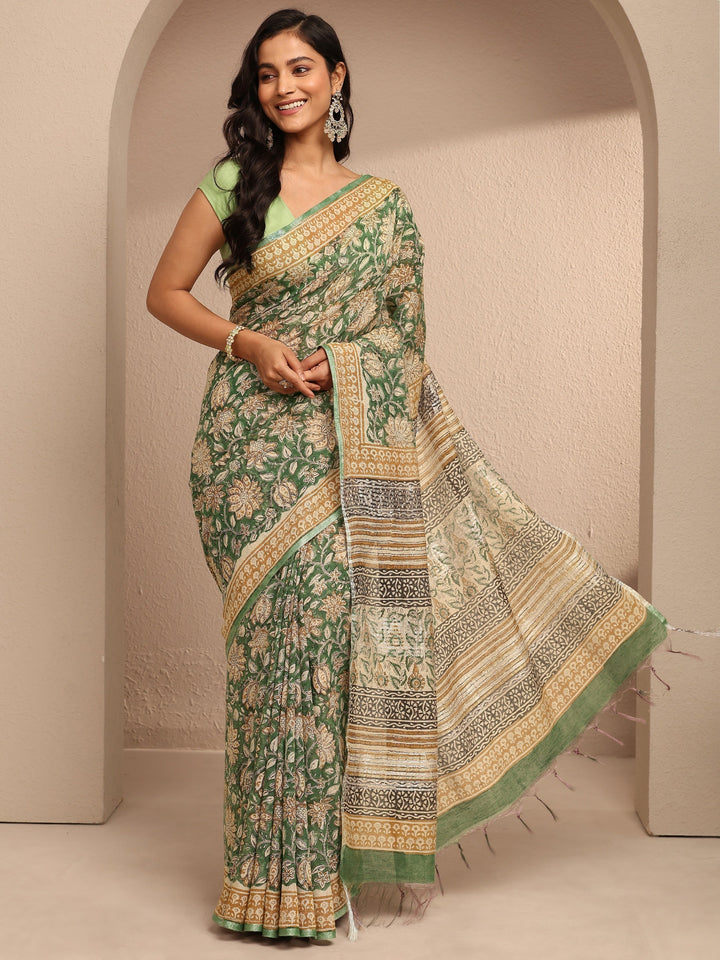 Green Printed Cotton Saree With Unstitched Blouse Piece