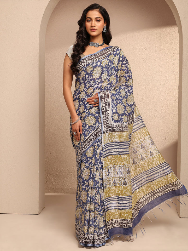 Blue Printed Cotton Saree With Unstitched Blouse Piece