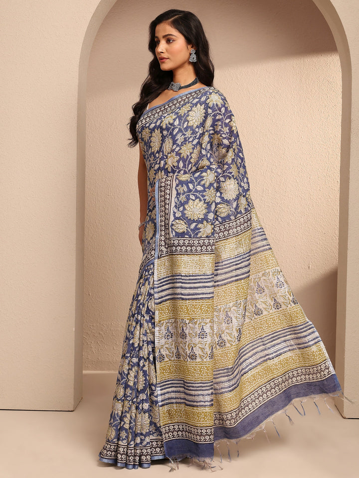 Blue Printed Cotton Saree With Unstitched Blouse Piece