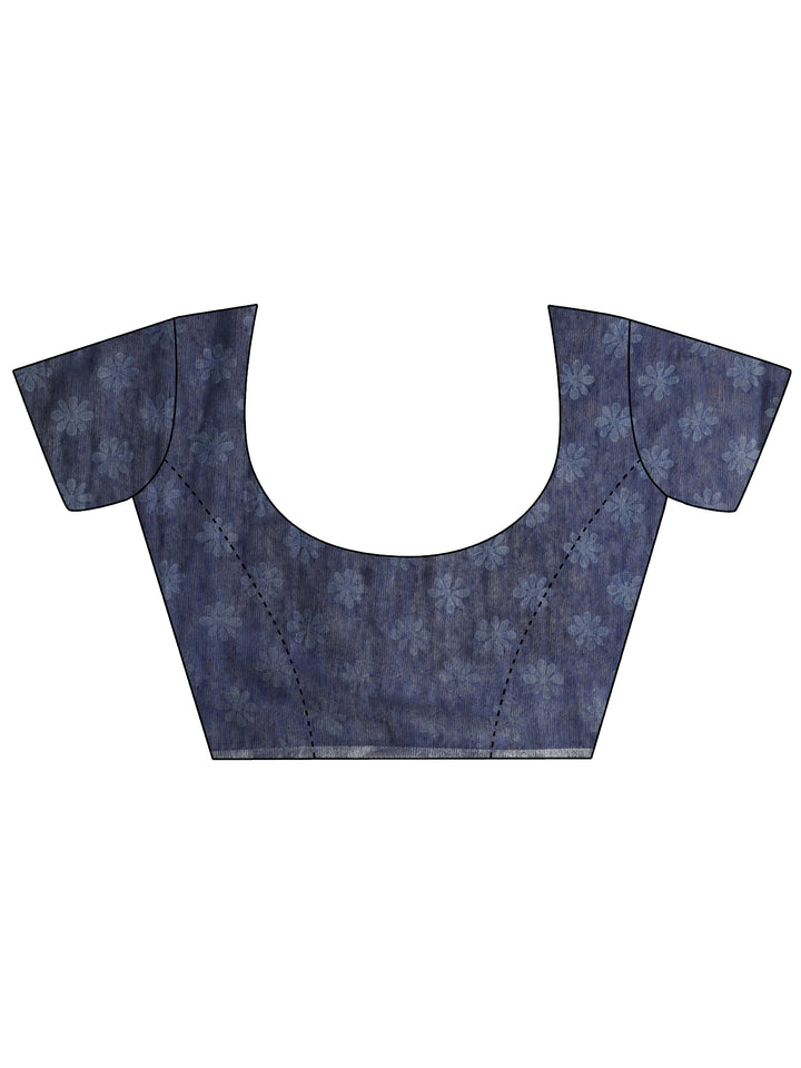 Blue Block Printed Cotton Saree With Unstitched Blouse Piece