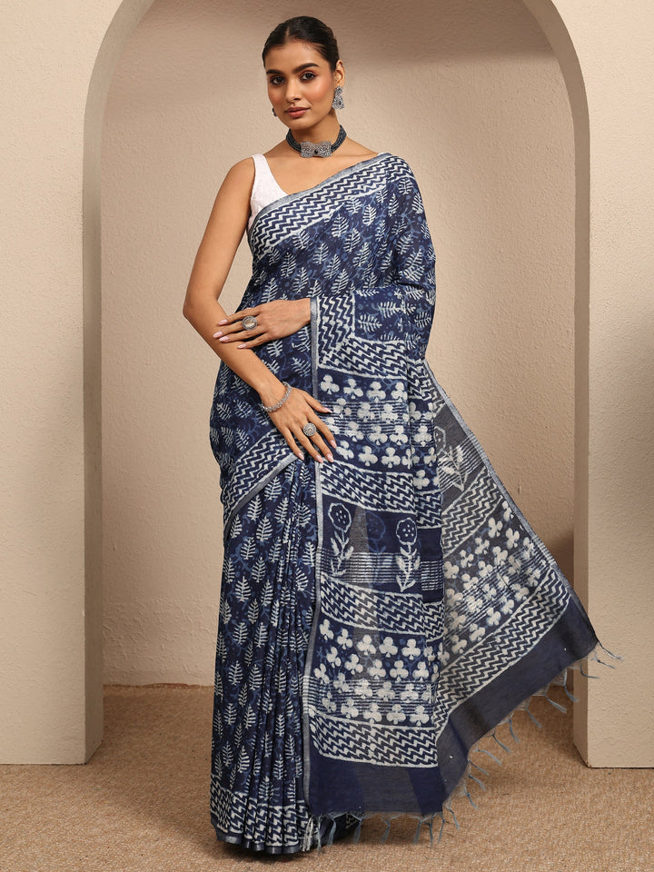 Blue Block Printed Cotton Saree With Unstitched Blouse Piece