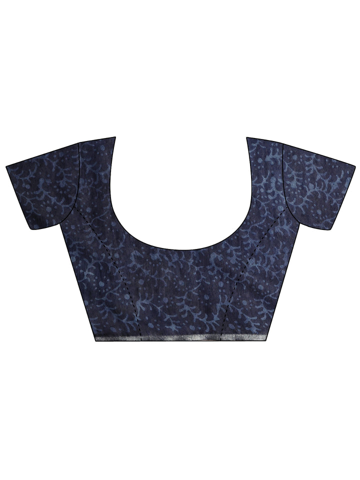 Blue Block Printed Cotton Saree With Unstitched Blouse Piece