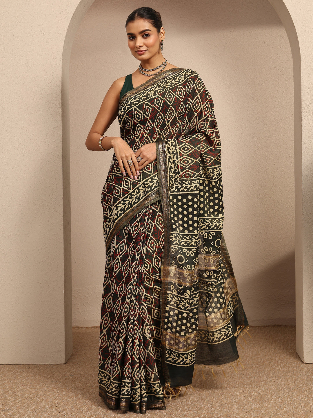Green Ajrakh Printed Cotton Saree With Unstitched Blouse Piece