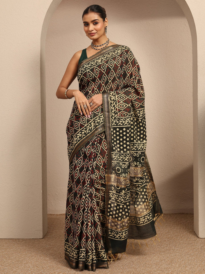 Green Ajrakh Printed Cotton Saree With Unstitched Blouse Piece