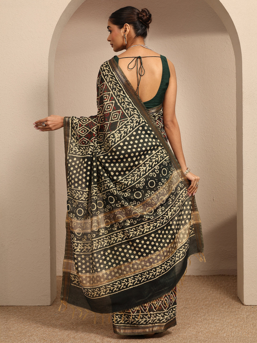 Green Ajrakh Printed Cotton Saree With Unstitched Blouse Piece