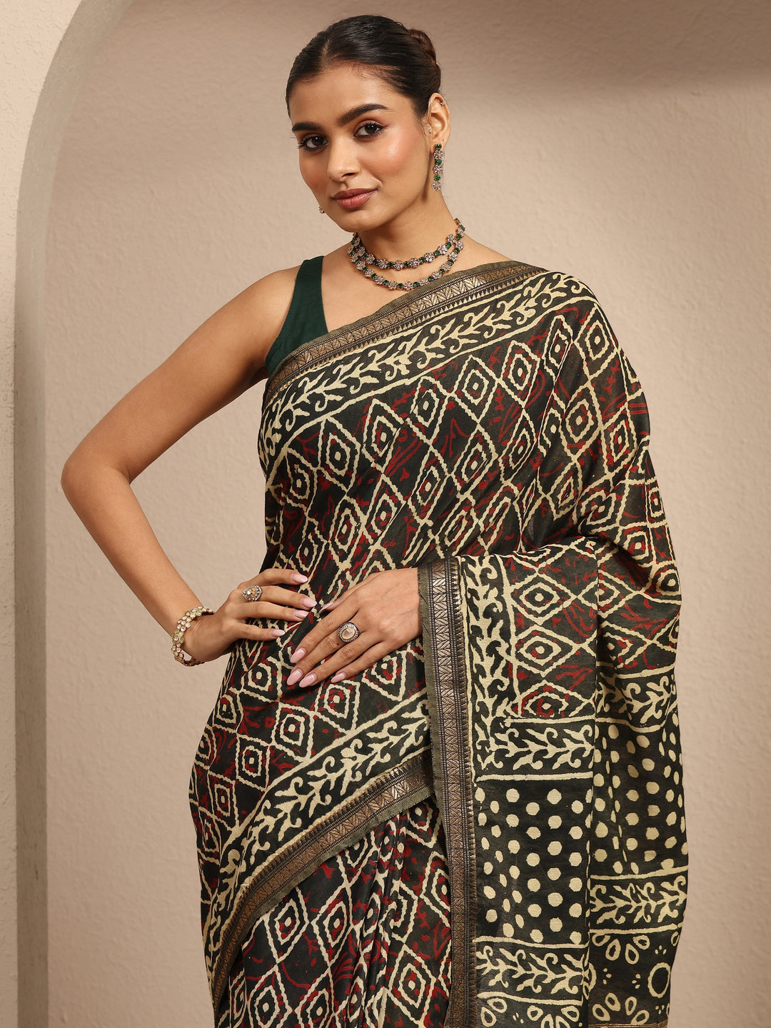 Green Ajrakh Printed Cotton Saree With Unstitched Blouse Piece