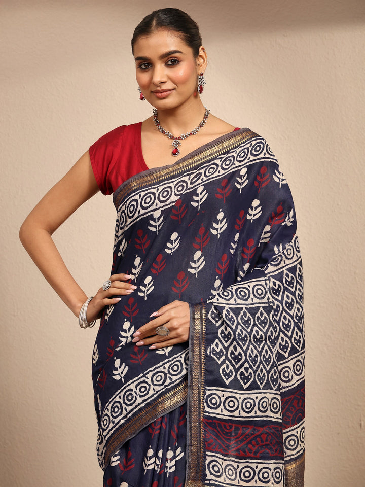 Navy Blue Printed Cotton Saree With Unstitched Blouse Piece