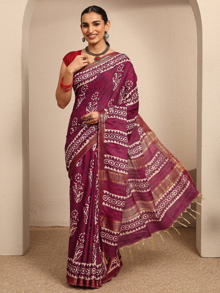 Burgundy Ikat Printed Cotton Saree With Unstitched Blouse Piece