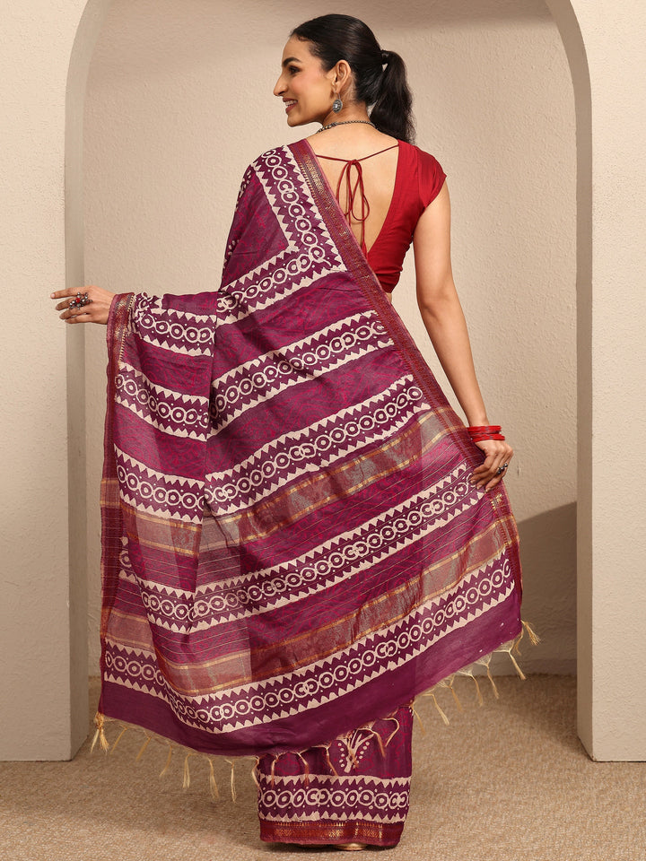 Burgundy Ikat Printed Cotton Saree With Unstitched Blouse Piece