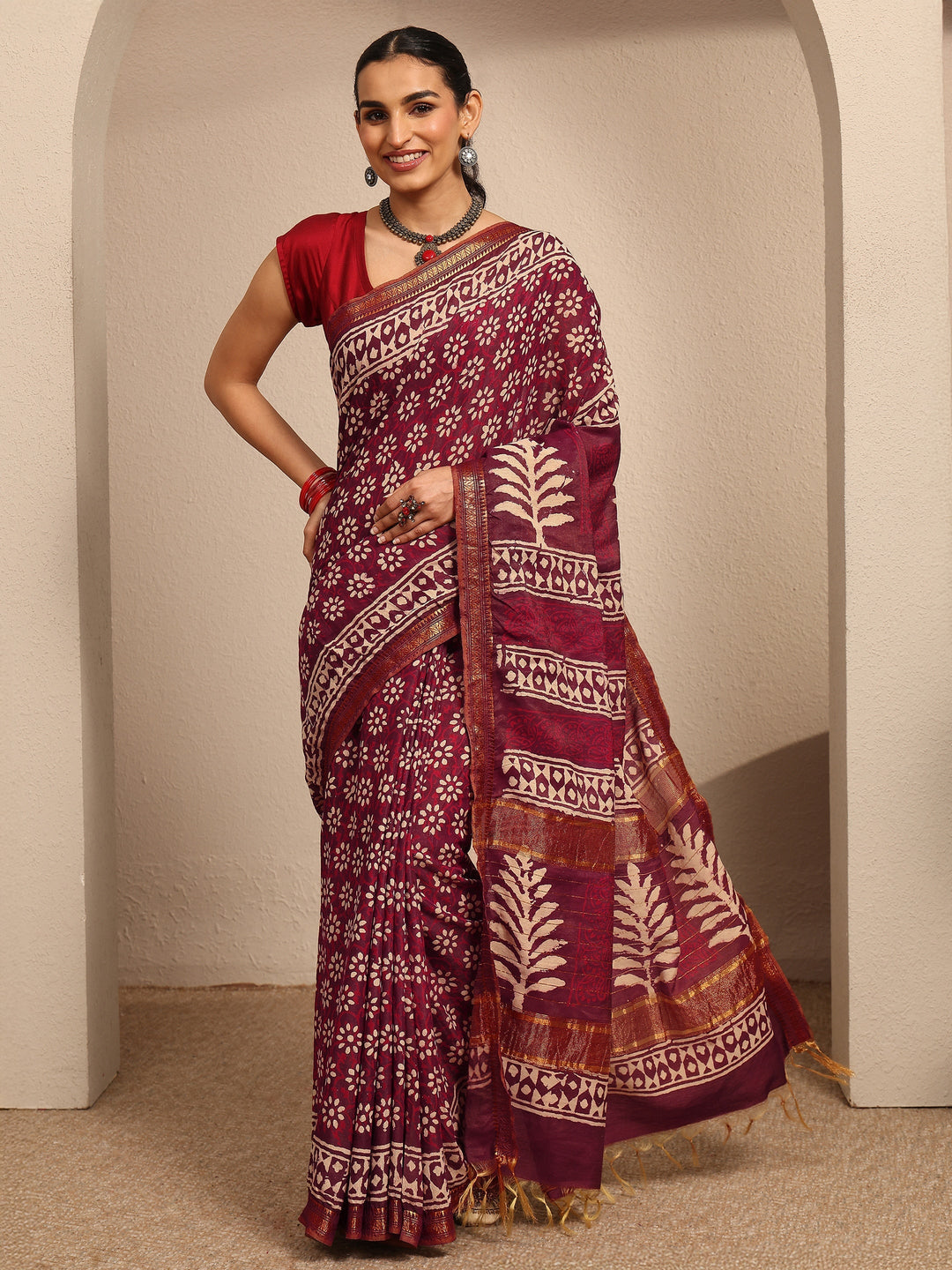 Burgundy Printed Cotton Bagru Saree With Unstitched Blouse Piece