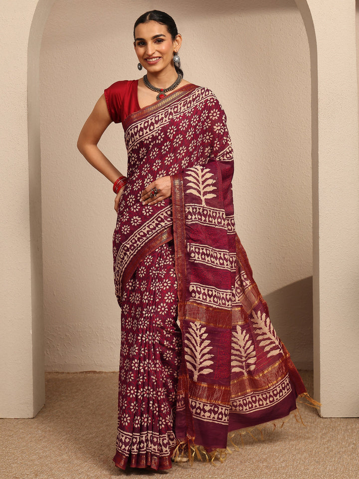 Burgundy Printed Cotton Bagru Saree With Unstitched Blouse Piece