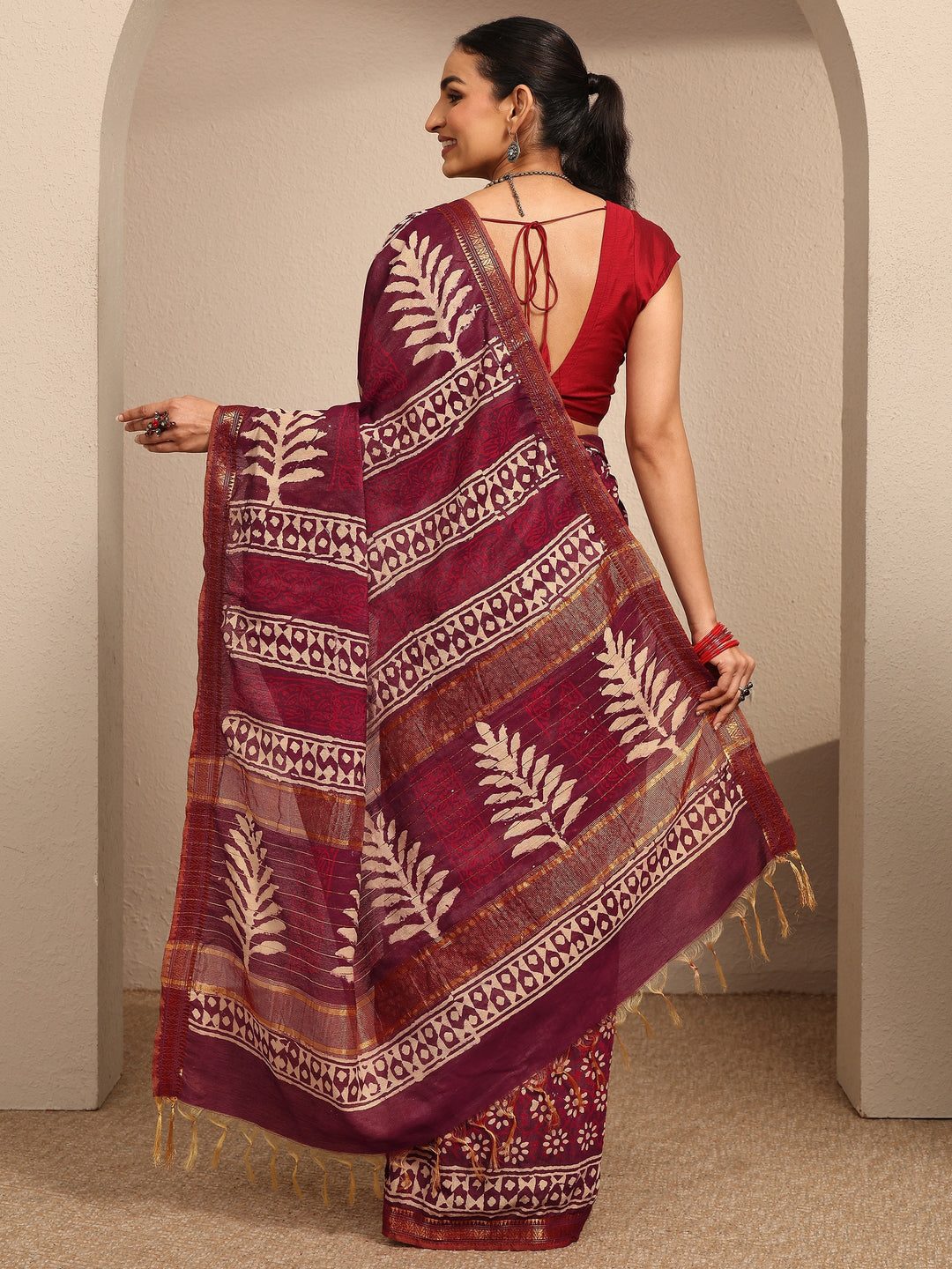 Burgundy Printed Cotton Bagru Saree With Unstitched Blouse Piece