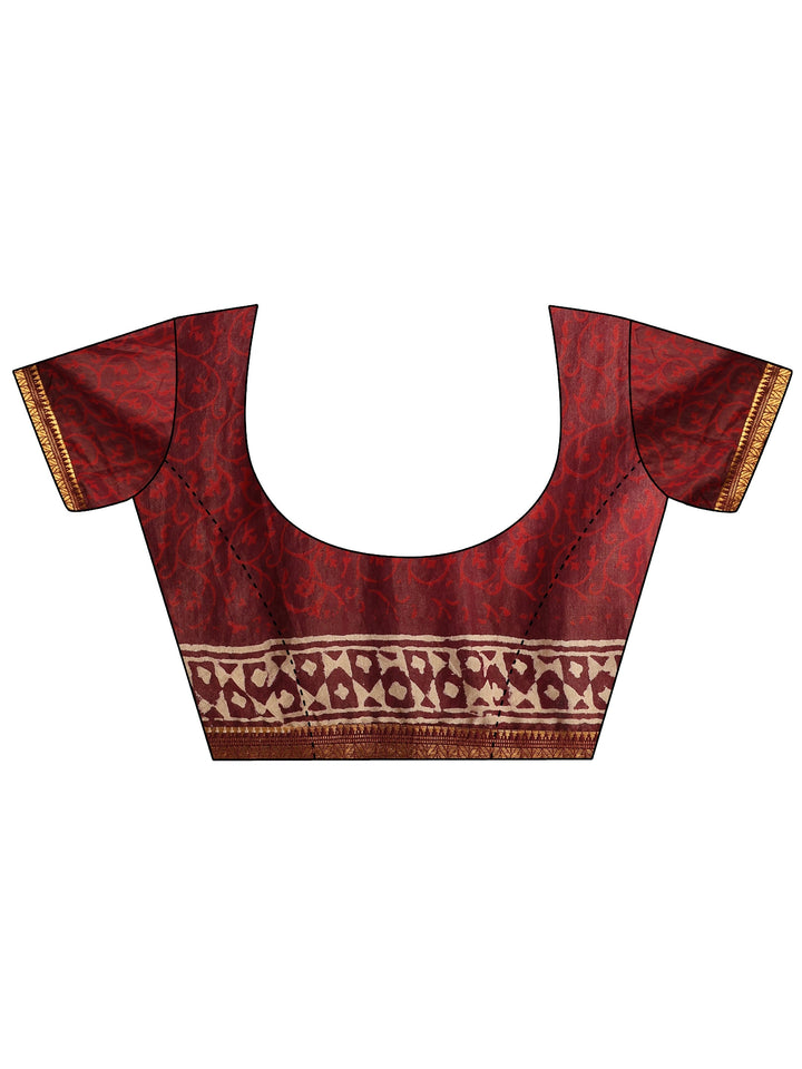 Burgundy Printed Cotton Bagru Saree With Unstitched Blouse Piece