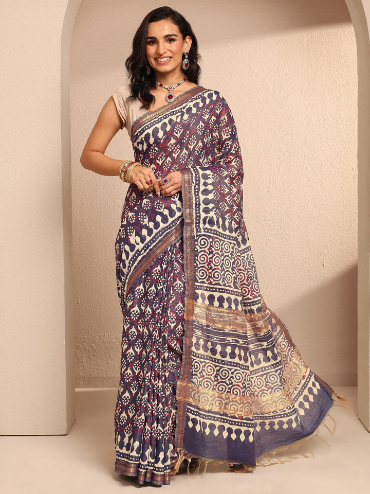 Navy Blue Printed Cotton Saree With Unstitched Blouse Piece