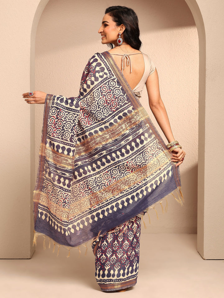 Navy Blue Printed Cotton Saree With Unstitched Blouse Piece