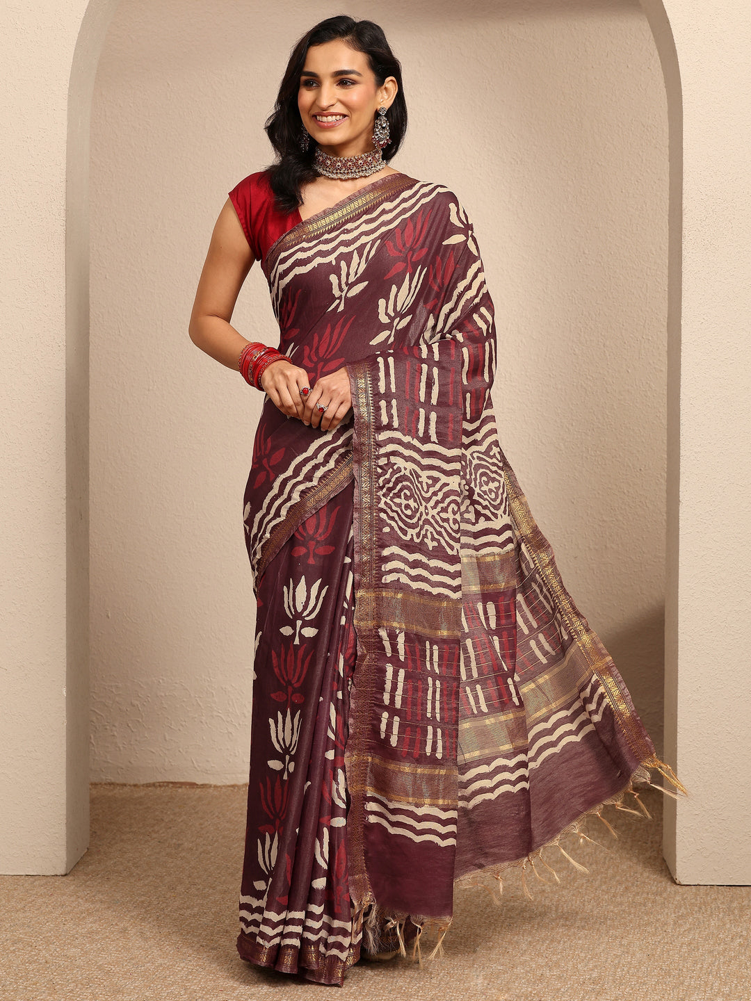 Maroon Printed Cotton Bagh Saree With Unstitched Blouse Piece