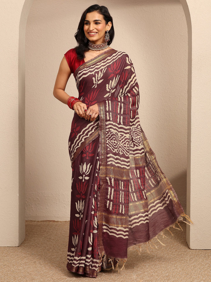 Maroon Printed Cotton Bagh Saree With Unstitched Blouse Piece