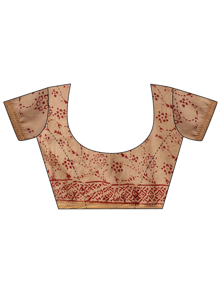 Beige Printed Cotton Saree With Unstitched Blouse Piece
