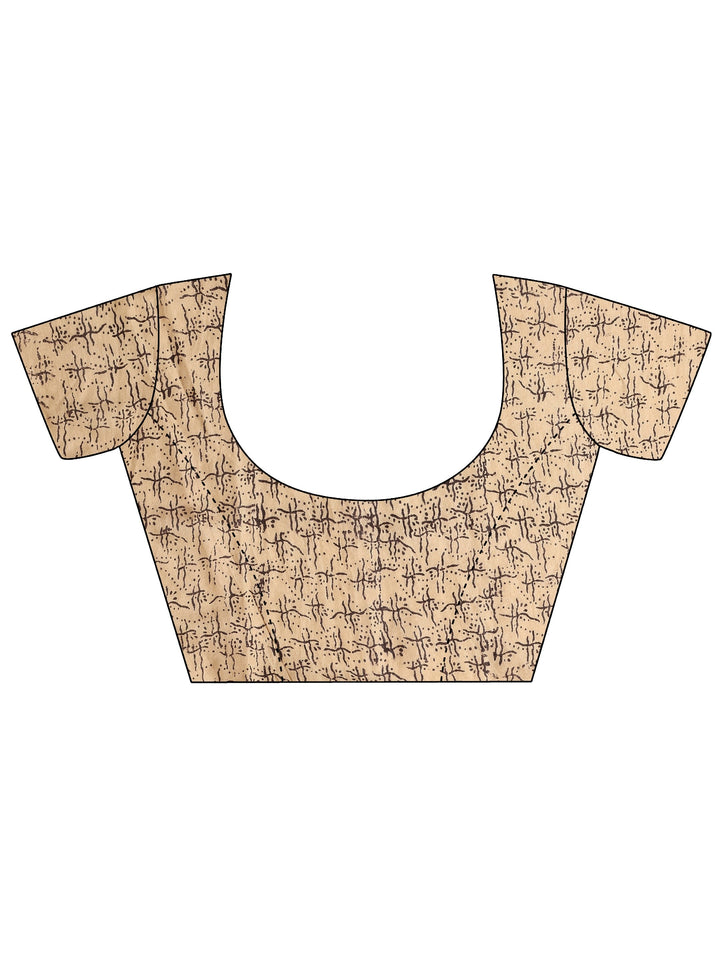 Beige Printed Cotton Saree With Unstitched Blouse Piece