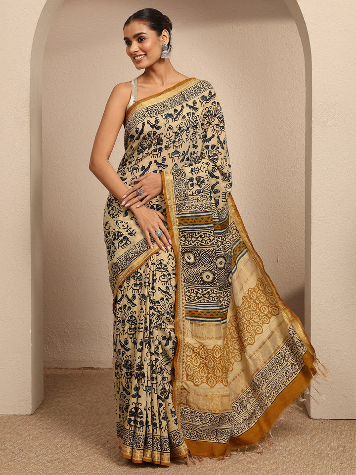 Beige Printed Cotton Kalamkari Saree With Unstitched Blouse Piece