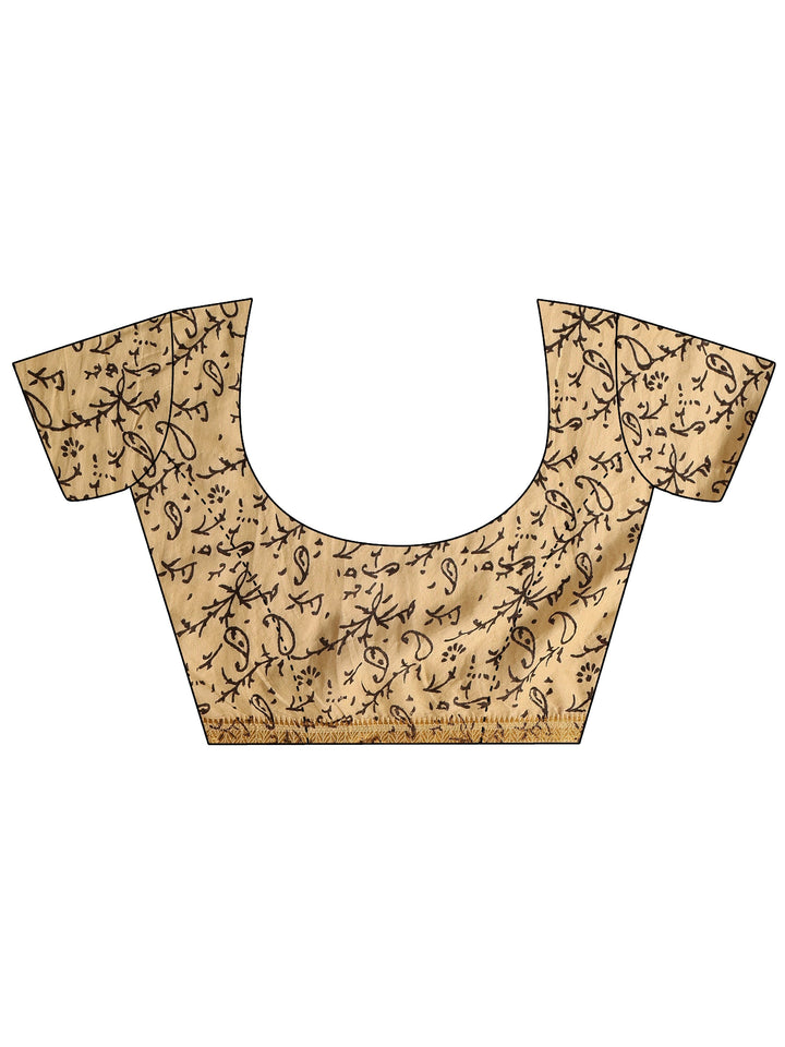 Beige Printed Cotton Kalamkari Saree With Unstitched Blouse Piece