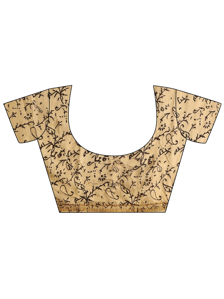 Beige Printed Cotton Kalamkari Saree With Unstitched Blouse Piece