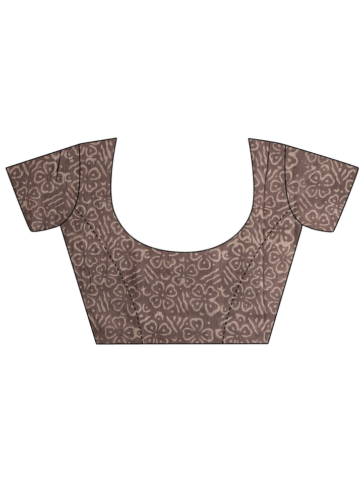 Taupe Printed Cotton Bagh Saree With Unstitched Blouse Piece