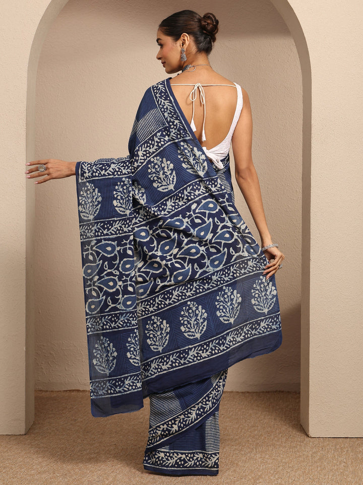 Blue Block Printed Cotton Saree With Unstitched Blouse Piece