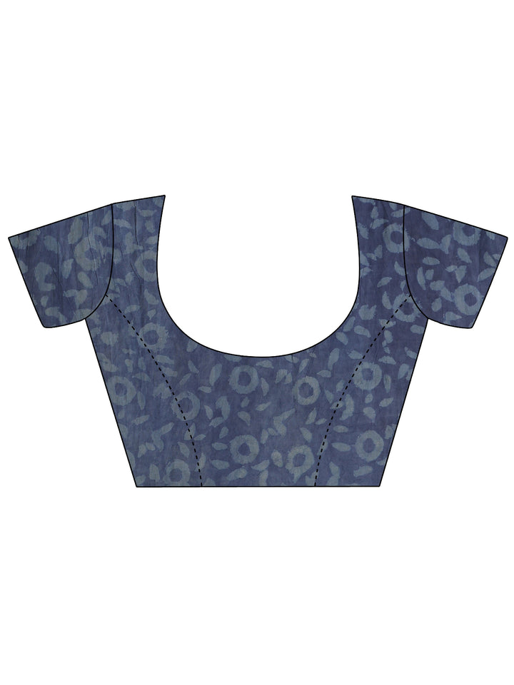 Blue Block Printed Cotton Saree With Unstitched Blouse Piece