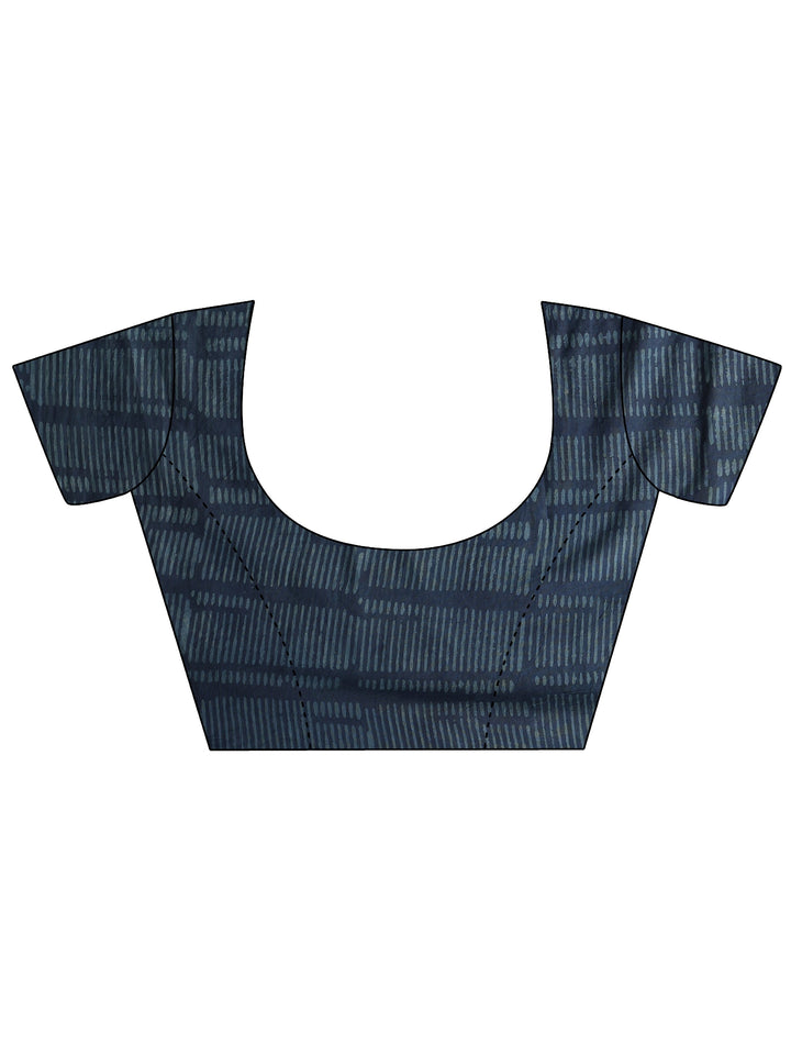 Blue Block Printed Cotton Saree With Unstitched Blouse Piece