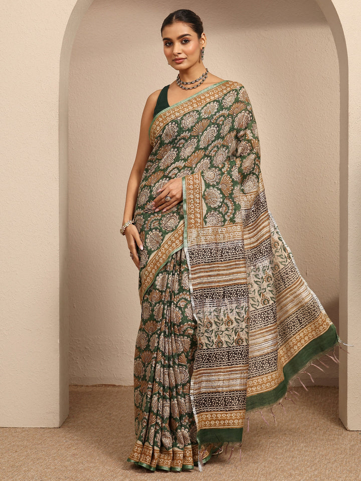 Green Printed Cotton Kalamkari Saree With Unstitched Blouse Piece