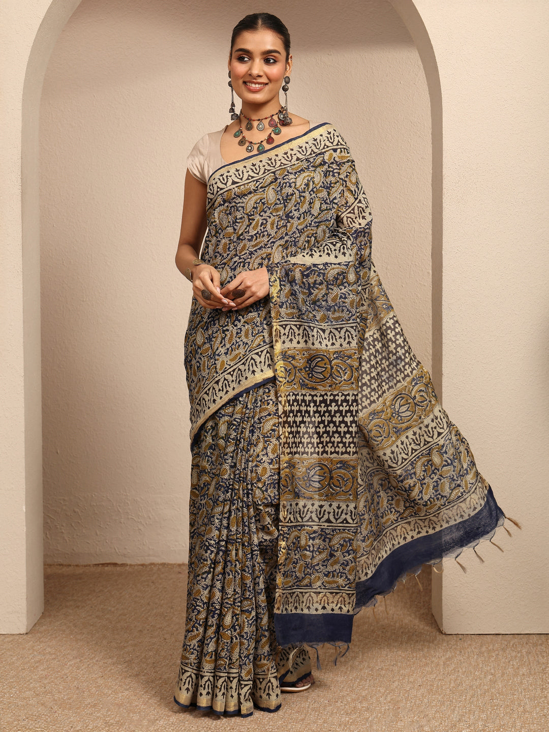Blue Printed Cotton Kalamkari Saree With Unstitched Blouse Piece