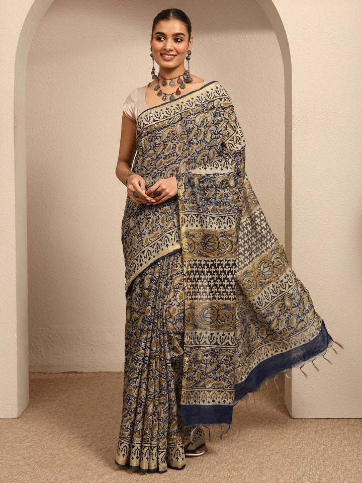 Blue Printed Cotton Kalamkari Saree With Unstitched Blouse Piece