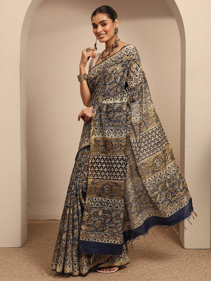 Blue Printed Cotton Kalamkari Saree With Unstitched Blouse Piece