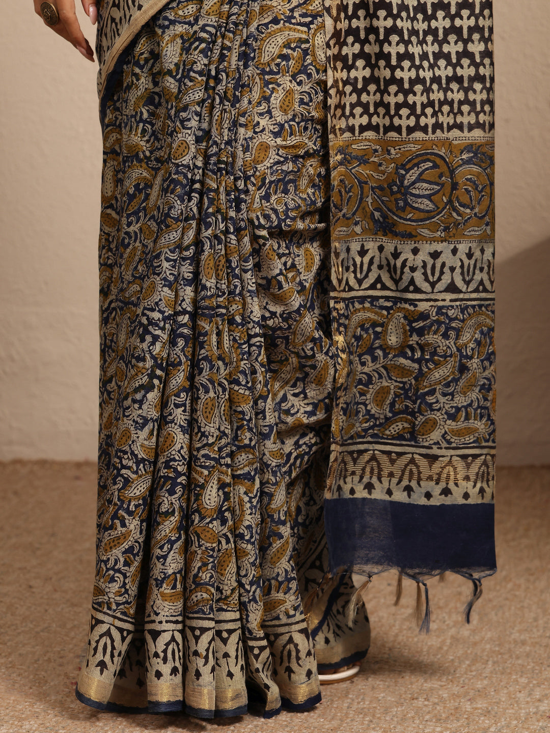 Blue Printed Cotton Kalamkari Saree With Unstitched Blouse Piece