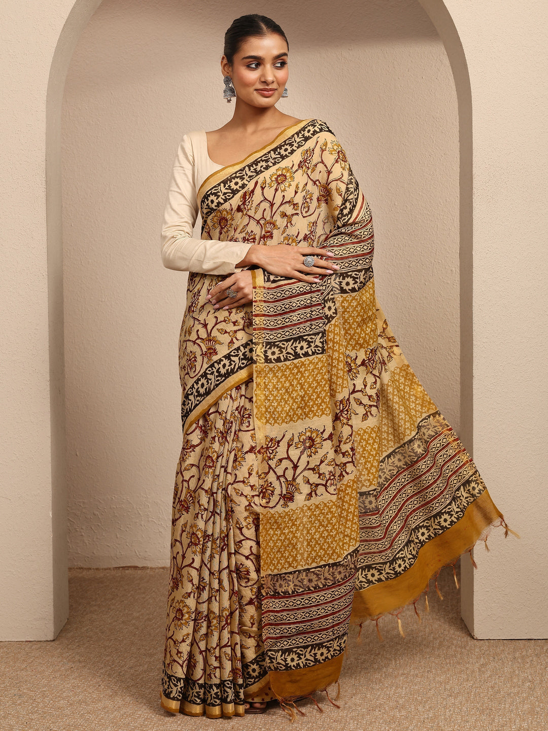 Mustard Block Printed Cotton Saree With Unstitched Blouse Piece