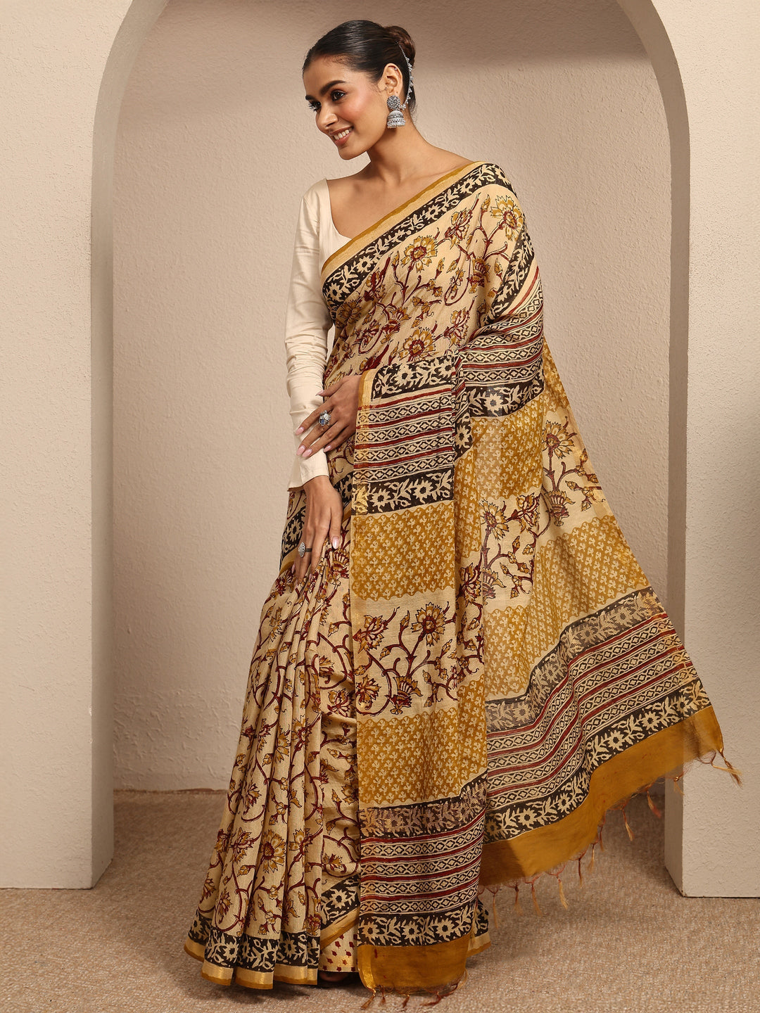 Mustard Block Printed Cotton Saree With Unstitched Blouse Piece