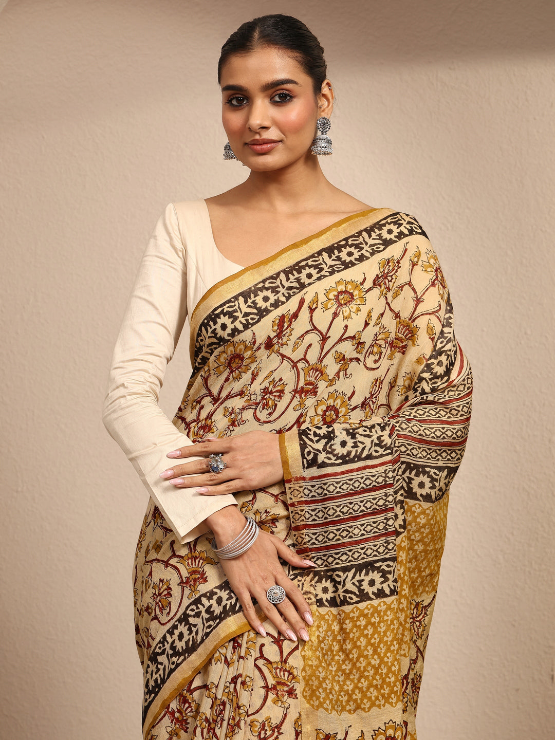 Mustard Block Printed Cotton Saree With Unstitched Blouse Piece