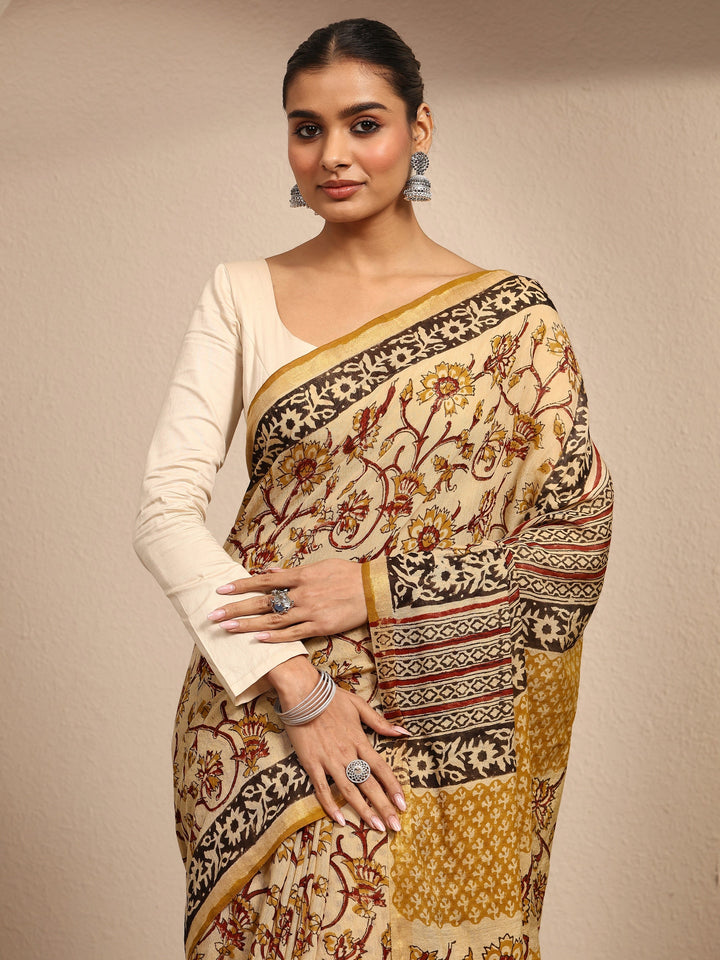 Mustard Block Printed Cotton Saree With Unstitched Blouse Piece