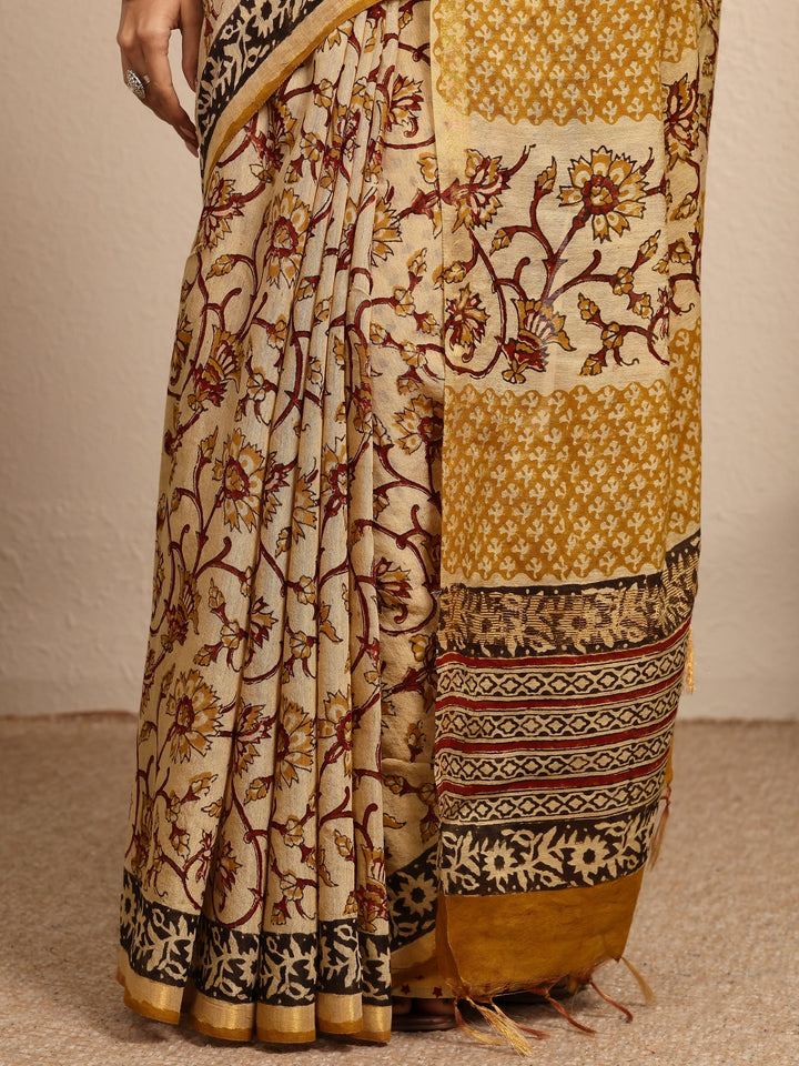 Mustard Block Printed Cotton Saree With Unstitched Blouse Piece