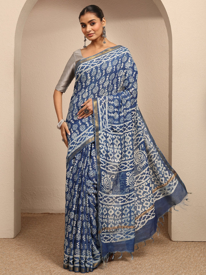 Blue Ikat Printed Cotton Saree With Unstitched Blouse Piece