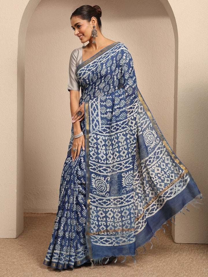 Blue Ikat Printed Cotton Saree With Unstitched Blouse Piece