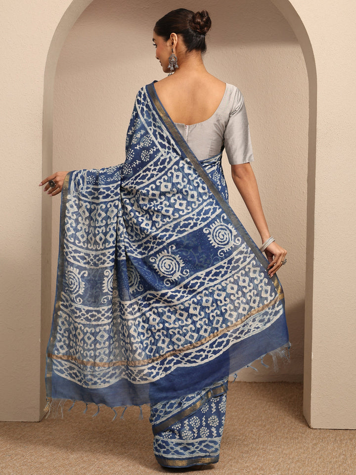 Blue Ikat Printed Cotton Saree With Unstitched Blouse Piece